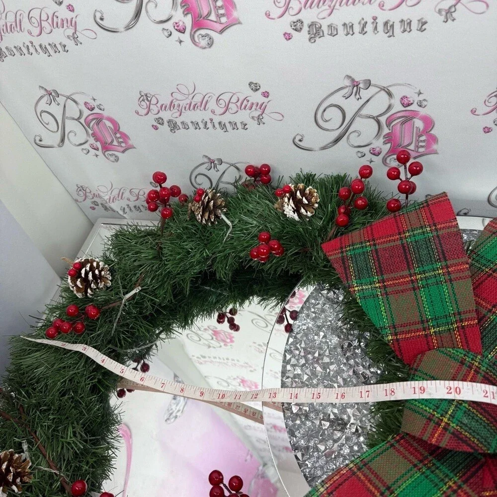 Wreath light up Festive Holiday Wreath acorns Red and Green Plaid Bow lights